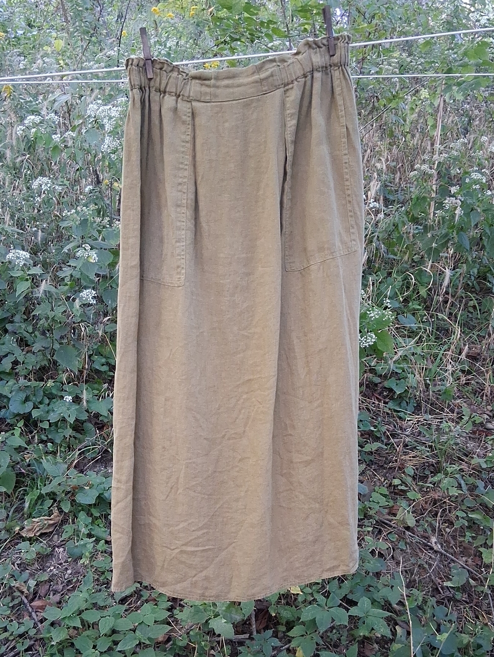 FLAX Olive Maxi Linen Skirt with Front Pockets